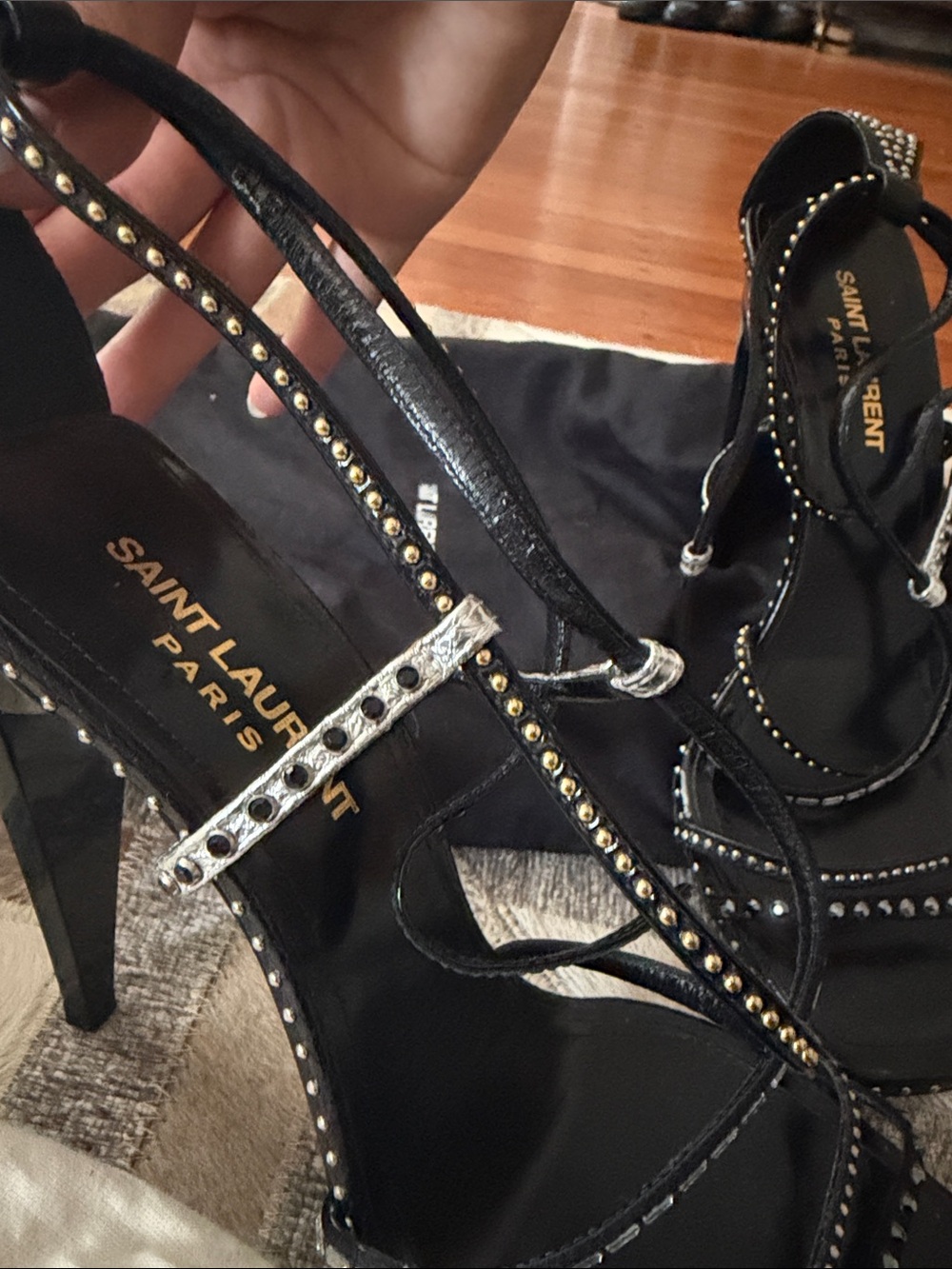 Saint Laurent Black Studded Wrap-Strap High Heels - Picture 7 of 7